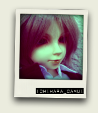 polaroid-style photo of a silver-haired doll in a blue trench coat